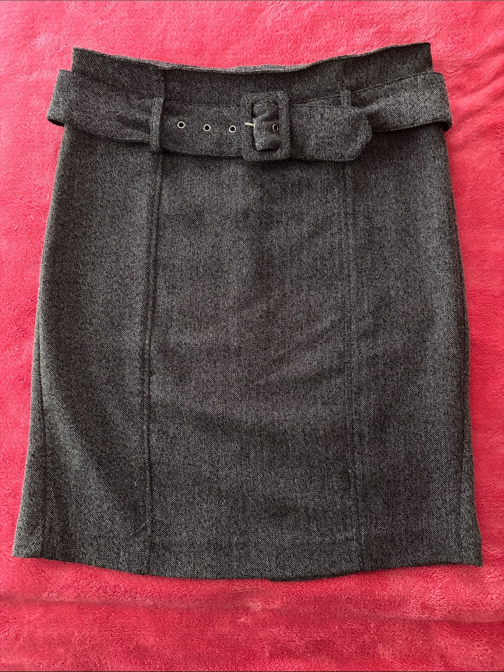 Wool Blend Gray Belted Pencil Skirt